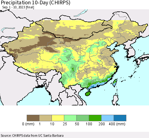 China, Mongolia and Taiwan Precipitation 10-Day (CHIRPS) Thematic Map For 9/1/2023 - 9/10/2023