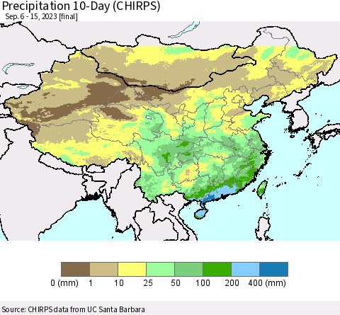 China, Mongolia and Taiwan Precipitation 10-Day (CHIRPS) Thematic Map For 9/6/2023 - 9/15/2023