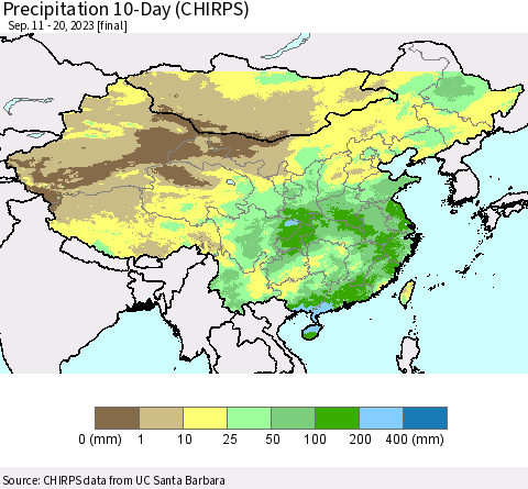 China, Mongolia and Taiwan Precipitation 10-Day (CHIRPS) Thematic Map For 9/11/2023 - 9/20/2023