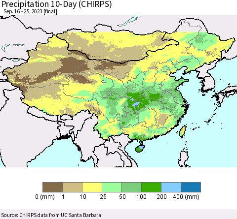 China, Mongolia and Taiwan Precipitation 10-Day (CHIRPS) Thematic Map For 9/16/2023 - 9/25/2023