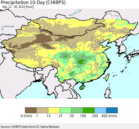 China, Mongolia and Taiwan Precipitation 10-Day (CHIRPS) Thematic Map For 9/21/2023 - 9/30/2023