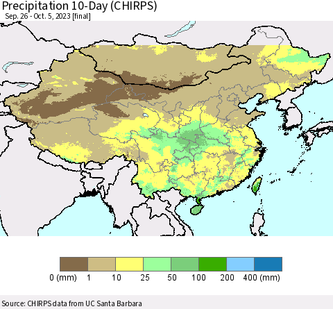 China, Mongolia and Taiwan Precipitation 10-Day (CHIRPS) Thematic Map For 9/26/2023 - 10/5/2023