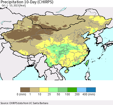 China, Mongolia and Taiwan Precipitation 10-Day (CHIRPS) Thematic Map For 10/1/2023 - 10/10/2023
