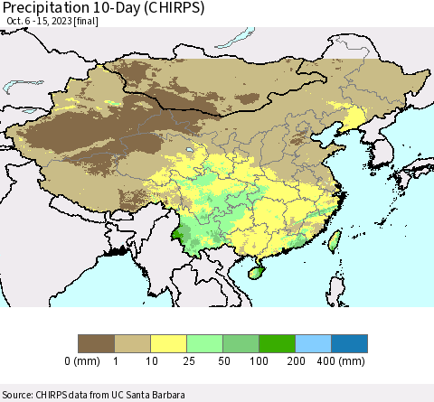 China, Mongolia and Taiwan Precipitation 10-Day (CHIRPS) Thematic Map For 10/6/2023 - 10/15/2023