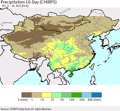China, Mongolia and Taiwan Precipitation 10-Day (CHIRPS) Thematic Map For 10/11/2023 - 10/20/2023