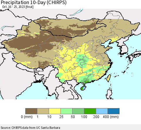 China, Mongolia and Taiwan Precipitation 10-Day (CHIRPS) Thematic Map For 10/16/2023 - 10/25/2023