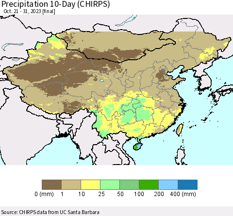 China, Mongolia and Taiwan Precipitation 10-Day (CHIRPS) Thematic Map For 10/21/2023 - 10/31/2023