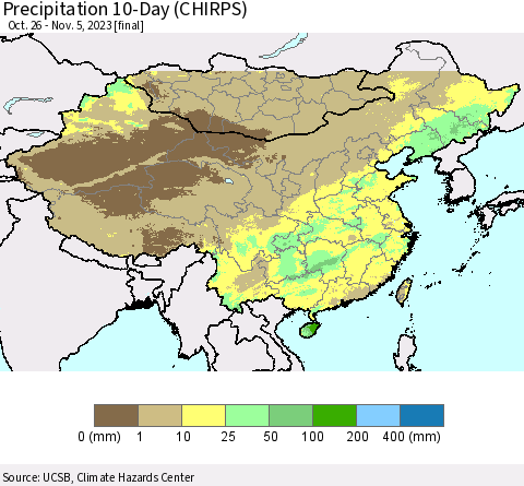 China, Mongolia and Taiwan Precipitation 10-Day (CHIRPS) Thematic Map For 10/26/2023 - 11/5/2023