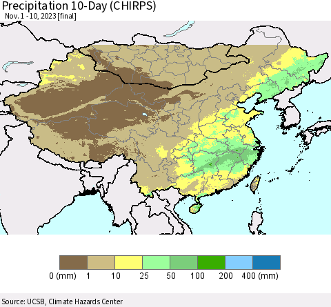 China, Mongolia and Taiwan Precipitation 10-Day (CHIRPS) Thematic Map For 11/1/2023 - 11/10/2023
