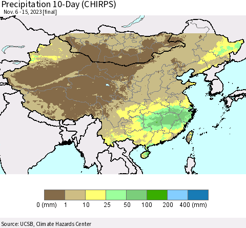 China, Mongolia and Taiwan Precipitation 10-Day (CHIRPS) Thematic Map For 11/6/2023 - 11/15/2023