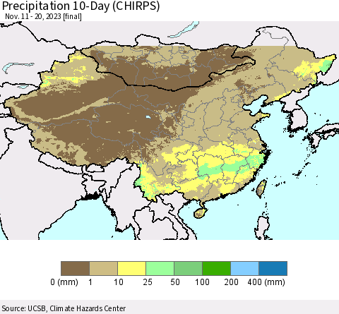 China, Mongolia and Taiwan Precipitation 10-Day (CHIRPS) Thematic Map For 11/11/2023 - 11/20/2023