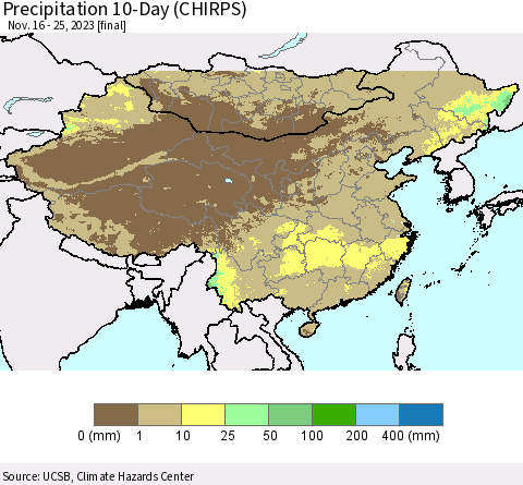 China, Mongolia and Taiwan Precipitation 10-Day (CHIRPS) Thematic Map For 11/16/2023 - 11/25/2023