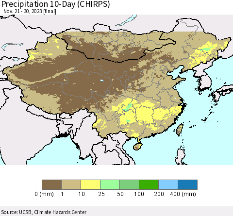 China, Mongolia and Taiwan Precipitation 10-Day (CHIRPS) Thematic Map For 11/21/2023 - 11/30/2023