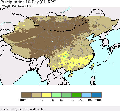 China, Mongolia and Taiwan Precipitation 10-Day (CHIRPS) Thematic Map For 11/26/2023 - 12/5/2023