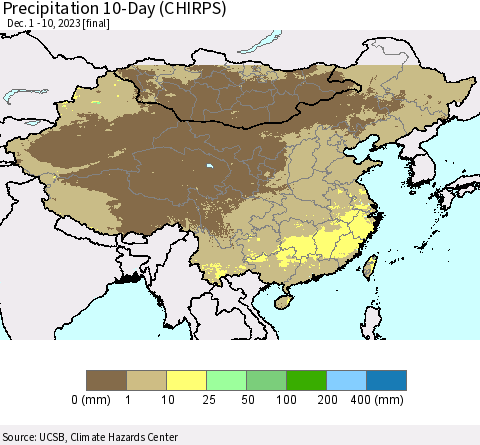 China, Mongolia and Taiwan Precipitation 10-Day (CHIRPS) Thematic Map For 12/1/2023 - 12/10/2023