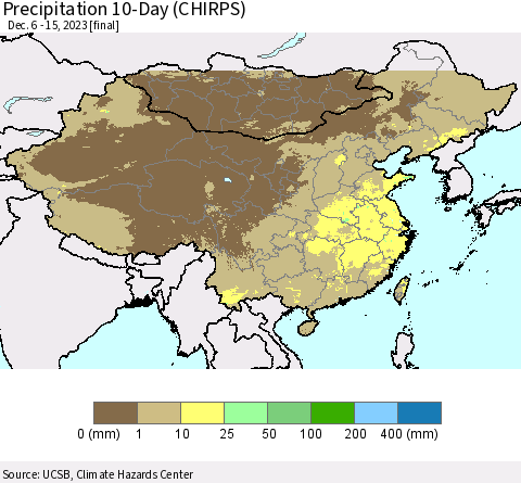 China, Mongolia and Taiwan Precipitation 10-Day (CHIRPS) Thematic Map For 12/6/2023 - 12/15/2023