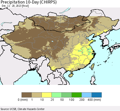 China, Mongolia and Taiwan Precipitation 10-Day (CHIRPS) Thematic Map For 12/11/2023 - 12/20/2023
