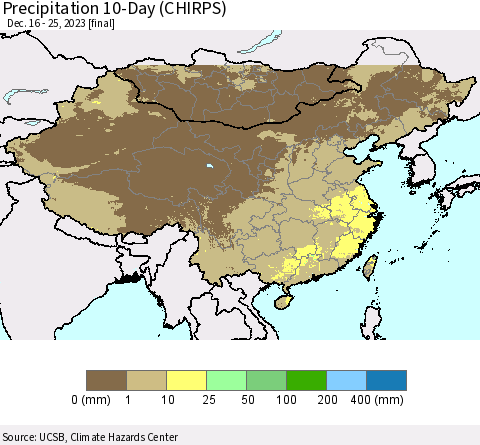 China, Mongolia and Taiwan Precipitation 10-Day (CHIRPS) Thematic Map For 12/16/2023 - 12/25/2023