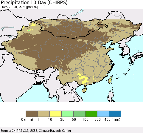 China, Mongolia and Taiwan Precipitation 10-Day (CHIRPS) Thematic Map For 12/21/2023 - 12/31/2023