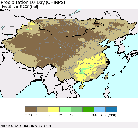 China, Mongolia and Taiwan Precipitation 10-Day (CHIRPS) Thematic Map For 12/26/2023 - 1/5/2024