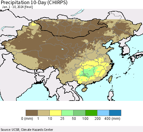 China, Mongolia and Taiwan Precipitation 10-Day (CHIRPS) Thematic Map For 1/1/2024 - 1/10/2024