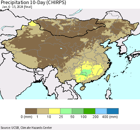 China, Mongolia and Taiwan Precipitation 10-Day (CHIRPS) Thematic Map For 1/6/2024 - 1/15/2024