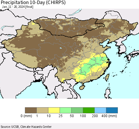 China, Mongolia and Taiwan Precipitation 10-Day (CHIRPS) Thematic Map For 1/11/2024 - 1/20/2024