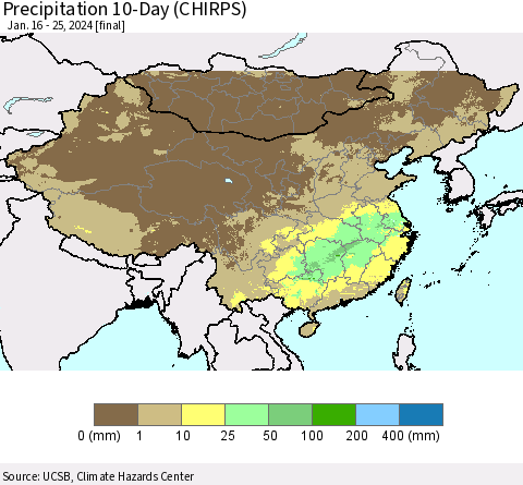 China, Mongolia and Taiwan Precipitation 10-Day (CHIRPS) Thematic Map For 1/16/2024 - 1/25/2024