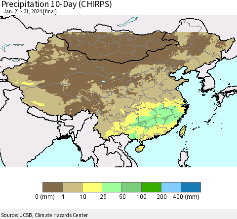 China, Mongolia and Taiwan Precipitation 10-Day (CHIRPS) Thematic Map For 1/21/2024 - 1/31/2024