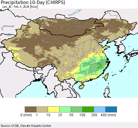 China, Mongolia and Taiwan Precipitation 10-Day (CHIRPS) Thematic Map For 1/26/2024 - 2/5/2024