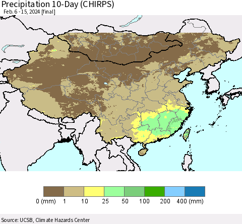 China, Mongolia and Taiwan Precipitation 10-Day (CHIRPS) Thematic Map For 2/6/2024 - 2/15/2024