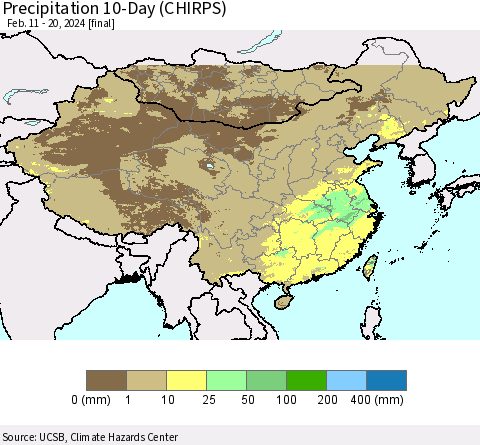 China, Mongolia and Taiwan Precipitation 10-Day (CHIRPS) Thematic Map For 2/11/2024 - 2/20/2024