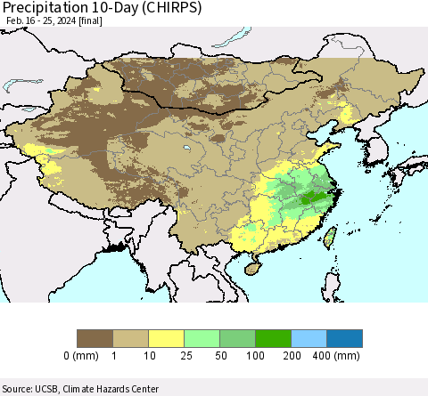 China, Mongolia and Taiwan Precipitation 10-Day (CHIRPS) Thematic Map For 2/16/2024 - 2/25/2024