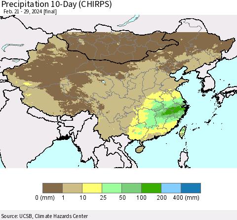 China, Mongolia and Taiwan Precipitation 10-Day (CHIRPS) Thematic Map For 2/21/2024 - 2/29/2024