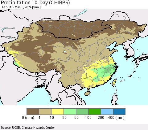 China, Mongolia and Taiwan Precipitation 10-Day (CHIRPS) Thematic Map For 2/26/2024 - 3/5/2024