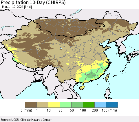 China, Mongolia and Taiwan Precipitation 10-Day (CHIRPS) Thematic Map For 3/1/2024 - 3/10/2024
