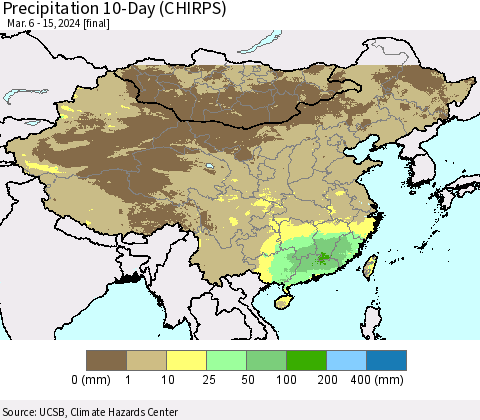 China, Mongolia and Taiwan Precipitation 10-Day (CHIRPS) Thematic Map For 3/6/2024 - 3/15/2024