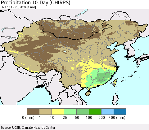 China, Mongolia and Taiwan Precipitation 10-Day (CHIRPS) Thematic Map For 3/11/2024 - 3/20/2024