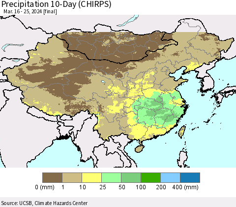 China, Mongolia and Taiwan Precipitation 10-Day (CHIRPS) Thematic Map For 3/16/2024 - 3/25/2024