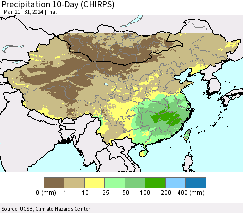 China, Mongolia and Taiwan Precipitation 10-Day (CHIRPS) Thematic Map For 3/21/2024 - 3/31/2024