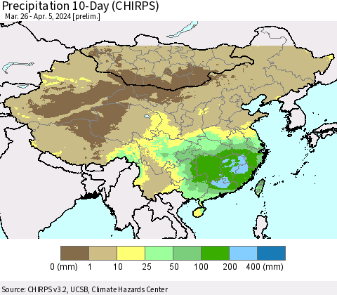 China, Mongolia and Taiwan Precipitation 10-Day (CHIRPS) Thematic Map For 3/26/2024 - 4/5/2024