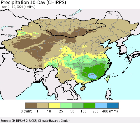 China, Mongolia and Taiwan Precipitation 10-Day (CHIRPS) Thematic Map For 4/1/2024 - 4/10/2024