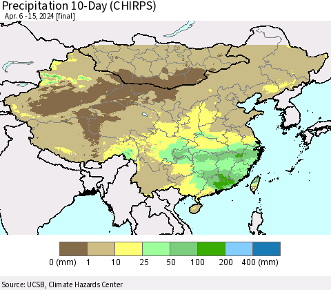 China, Mongolia and Taiwan Precipitation 10-Day (CHIRPS) Thematic Map For 4/6/2024 - 4/15/2024