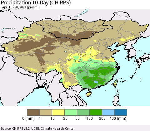 China, Mongolia and Taiwan Precipitation 10-Day (CHIRPS) Thematic Map For 4/11/2024 - 4/20/2024