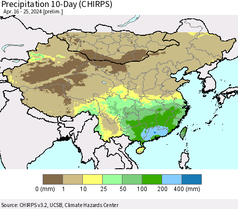 China, Mongolia and Taiwan Precipitation 10-Day (CHIRPS) Thematic Map For 4/16/2024 - 4/25/2024