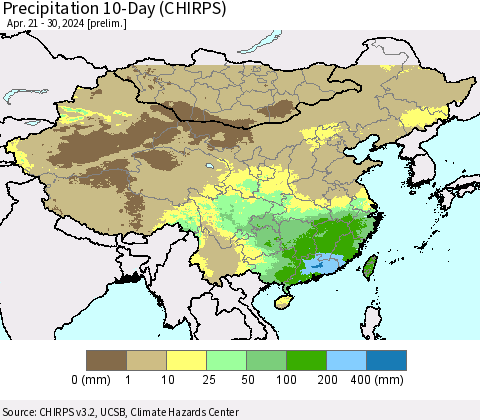 China, Mongolia and Taiwan Precipitation 10-Day (CHIRPS) Thematic Map For 4/21/2024 - 4/30/2024