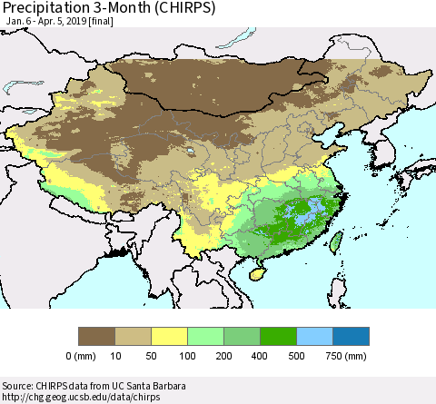 China, Mongolia and Taiwan Precipitation 3-Month (CHIRPS) Thematic Map For 1/6/2019 - 4/5/2019