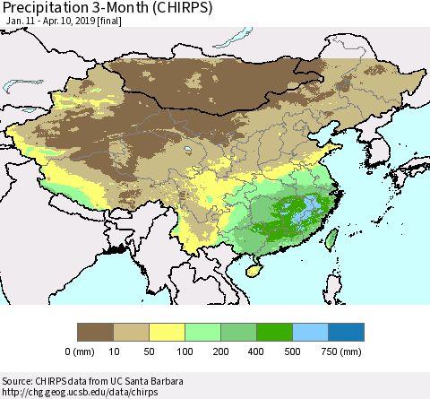 China and Taiwan Precipitation 3-Month (CHIRPS) Thematic Map For 1/11/2019 - 4/10/2019