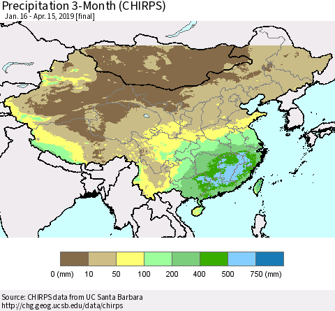 China and Taiwan Precipitation 3-Month (CHIRPS) Thematic Map For 1/16/2019 - 4/15/2019