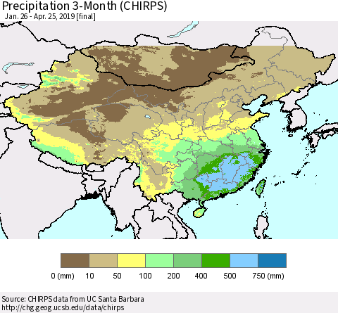 China and Taiwan Precipitation 3-Month (CHIRPS) Thematic Map For 1/26/2019 - 4/25/2019